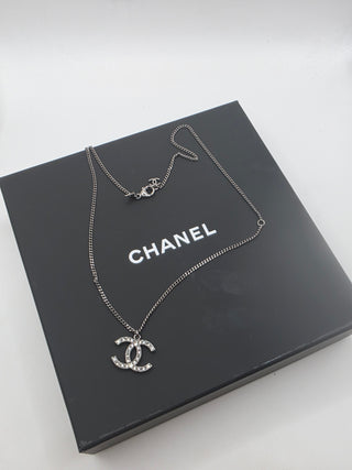 Chanel Silver-tone Strass Interlocking CC Pendant Necklace