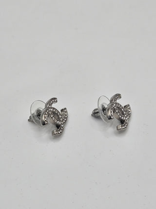 Chanel Silver-tone Strass Interlocking CC Stud Earrings