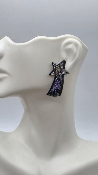 Chanel Black Silver-tone Strass Interlocking CC Shooting Star Earrings