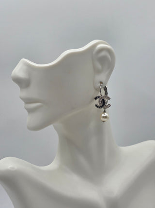 Chanel Silver-tone Faux Pearl Strass Interlocking CC Drop Earrings