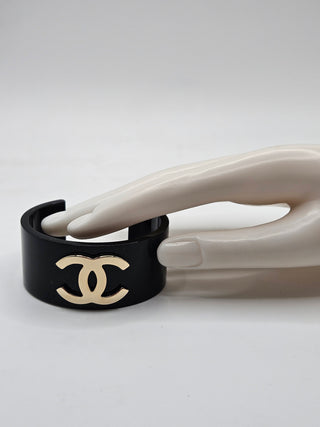 Chanel Black Resin Gold-tone Interlocking CC Wide Cuff Bracelet