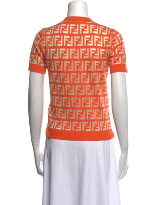 Fendi FF Logo Zucca Knit Short-Sleeve Top — Orange XS sz