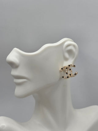 Chanel Gold-tone 2020 Faux Pearl Strass Interlocking CC Stud Earrings