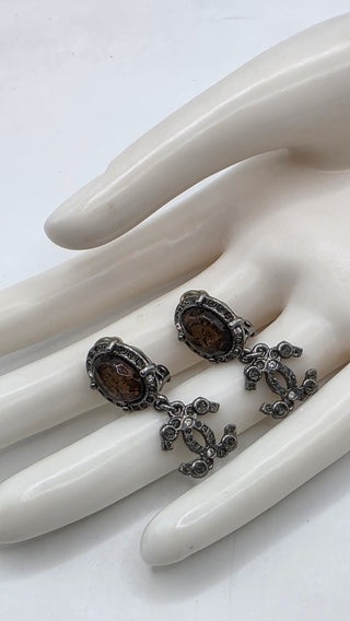Chanel Resin Strass Silver-tone Interlocking CC Clip On Drop Earrings