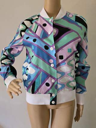 Emilio Pucci Blue Multicolor 
Silk Signature Printed Jacket S sz