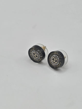 Chanel Black Gold-tone Strass Resin CC Stud Earrings