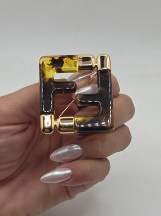 Fendi Gold-tone Resin Tortoiseshells FF Zucca Logo Pin Brooch