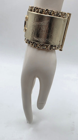 Chanel Gold-tone Leather Interlocking CC Wide Bracelet