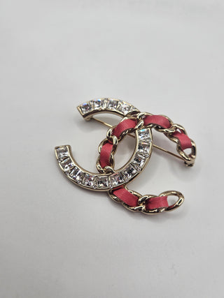 Chanel Pink Leather Gold-tone Strass Interlocking CC Brooch