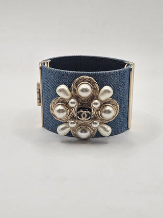 Chanel Faux Pearl Denim Gold-tone Interlocking CC Logo Bracelet