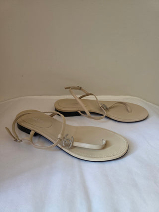 Chanel Beige leather 2019 Interlocking CC Logo T-Strap Sandals 37 sz
