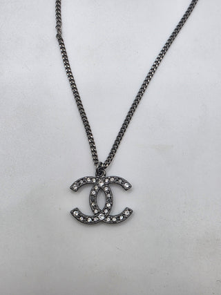 Chanel Silver-tone Strass Interlocking CC Pendant Necklace