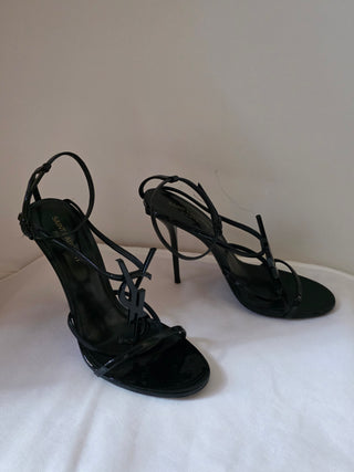 Saint Laurent Opyum Black Patent Leather YSL T-Strap Sandals 39.5 sz
