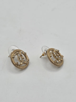 Chanel Gold-tone Faux Pearl Strass CC Stud Earrings