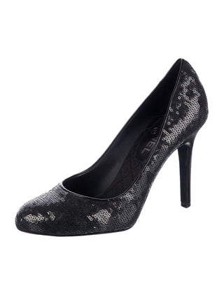 Chanel Black sequin 2012 Interlocking CC Logo Pumps 38.5