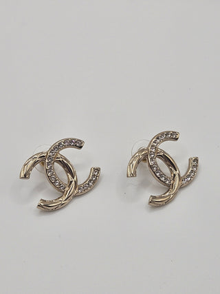 Chanel Gold-tone Metal Strass Interlocking CC Quilted Stud Earrings