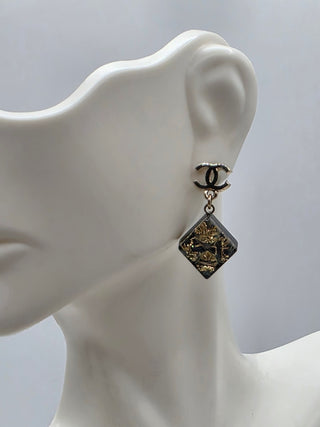 Chanel Gold-tone Black Glitter Resin Interlocking CC Drop Earrings