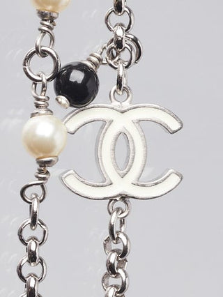 Chanel Silver-tone Black White Bead Glass Pearl Interlocking CC Long Necklace