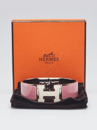 Hermès Rose Velours White Enamel Palladium Plated Clic-Clac H PM Wide Bracelet