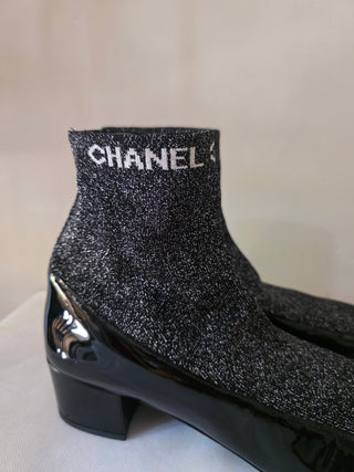 Chanel Black Logo Printed 2017 Patent Leather Sock Boots 40.5 EU