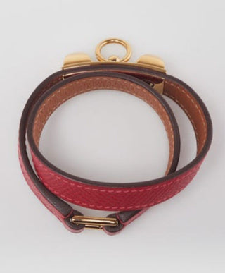 Hermes Rouge Casaque Epsom Leather Gold Plated Rivale Double Tour Bracelet XS