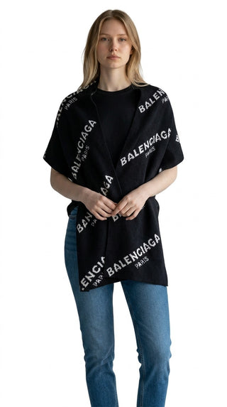 Balenciaga Black White Wool Blend Monogram Print All-over Logo Scarf
