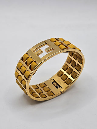 Fendi Yellow Leather Fendista Braided Gold-tone Bangle Bracelet