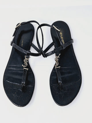 Sexy SAINT LAURENT Black leather Cassandra T-Strap Sandals 38 EU