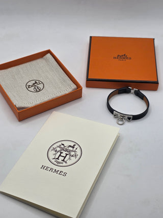 Hermes Black Swift Calfskin Leather Palladium Plated Mini Rivale Bracelet Size T2