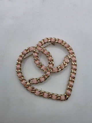 Chanel Gold-tone Silk Chain Woven CC Heart Oversized Brooch