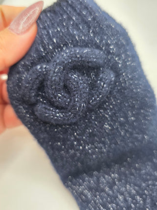 Chanel Dark Blue Metallic Cashmere Silk Knit CC Gloves