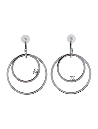 Chanel Silver-tone Strass Interlocking CC Oversized Circle Drop Earrings