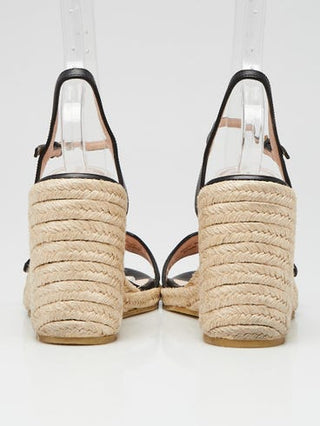 Gucci Black Leather GG Raffia Wedges 37 sz