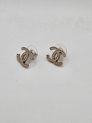 Chanel Gold-tone Strass Interlocking CC Stud Earrings