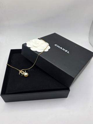 Chanel Gold-tone Faux Pearl  Strass CC Pendant Necklace