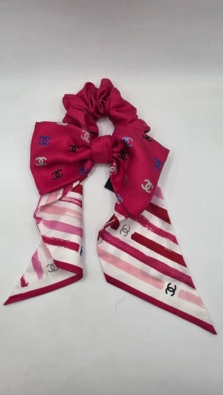 Chanel Pink White Interlocking CC 2024 Silk Bow Scrunchie