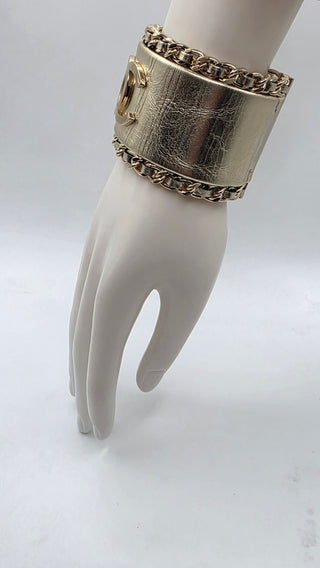Chanel Gold-tone Leather Interlocking CC Wide Bracelet