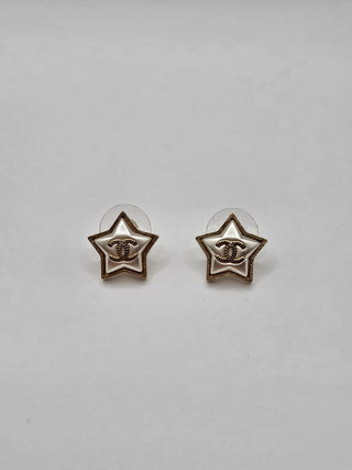 Chanel Gold-tone Faux Pearl Star CC Stud Earrings