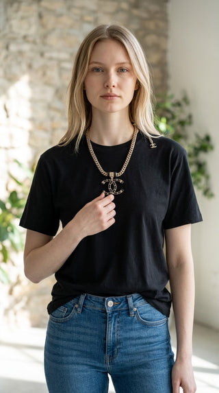 Chanel Gold Metal Black Leather Interlocking CC Logo Chain Link Choker Necklace