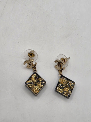 Chanel Gold-tone Black Glitter Resin Interlocking CC Drop Earrings