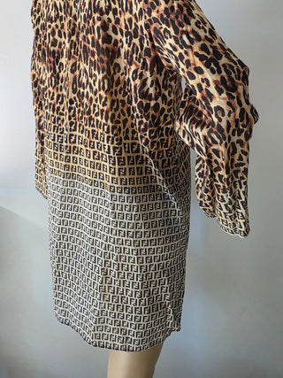 Fendi Brown Multicolor FF Logo Animal Print V-Neck blouse 40 sz