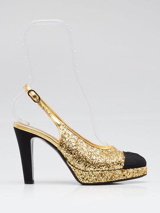 Chanel Gold Glitter Cap Toe Interlocking CC Sling Back Pumps 36 sz