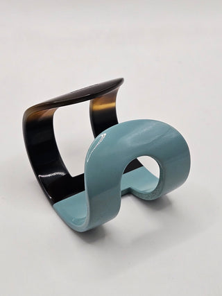 Hermès Blue Brown Horn Resin Ano Wide Cuff Bracelet