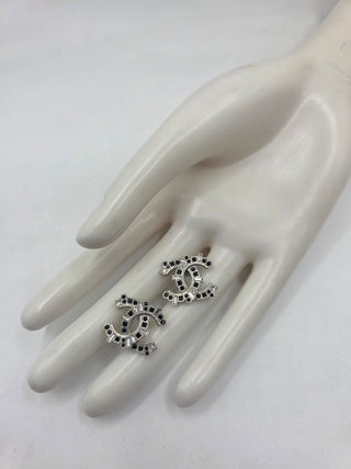 Chanel Silver-tone Strass Interlocking CC Stud Earrings