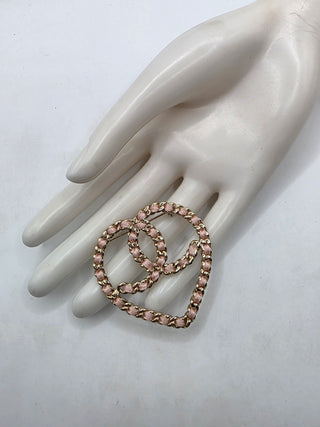 Chanel Gold-tone Silk Chain Woven CC Heart Oversized Brooch