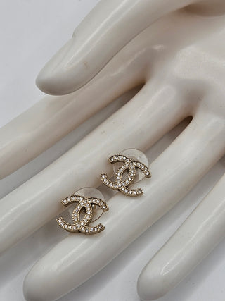 Chanel Gold-tone Strass Interlocking CC Stud Earrings