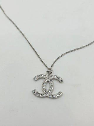 Chanel Silver-tone Strass Interlocking CC Pendant Necklace