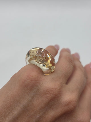 Louis Vuitton Clear Resin Crystal Inclusion LV Charm Ring 5.25