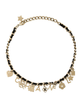 Chanel Gold-tone Black Faux Pearl, Leather, Strass Interlocking CC Logo Choker