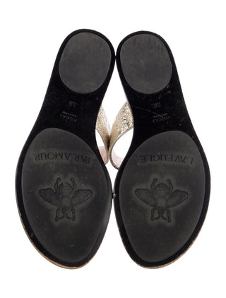 Gucci Metallic Gold Double G Logo Leather Sandals 38 sz
